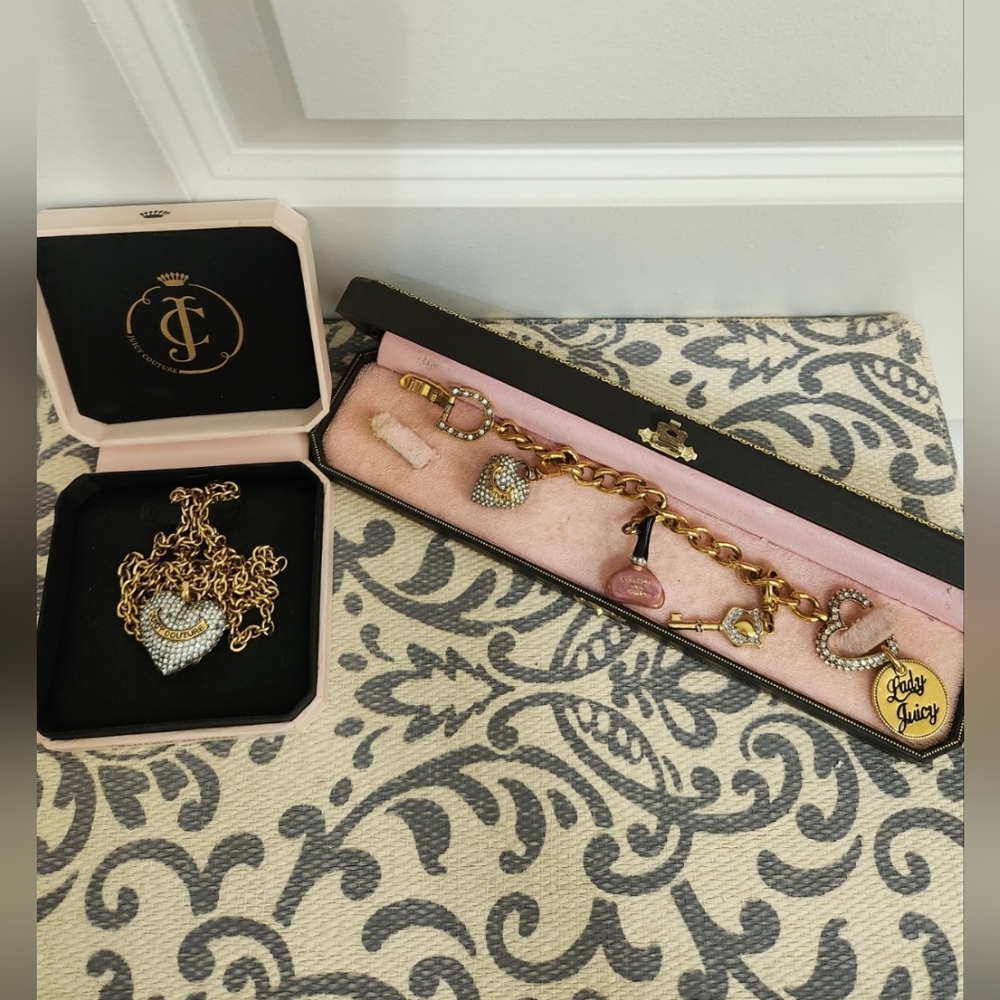 Juicy Couture Vintage Charm Bracelet Pink Nail Polish, Heart ,Key and  Necklace